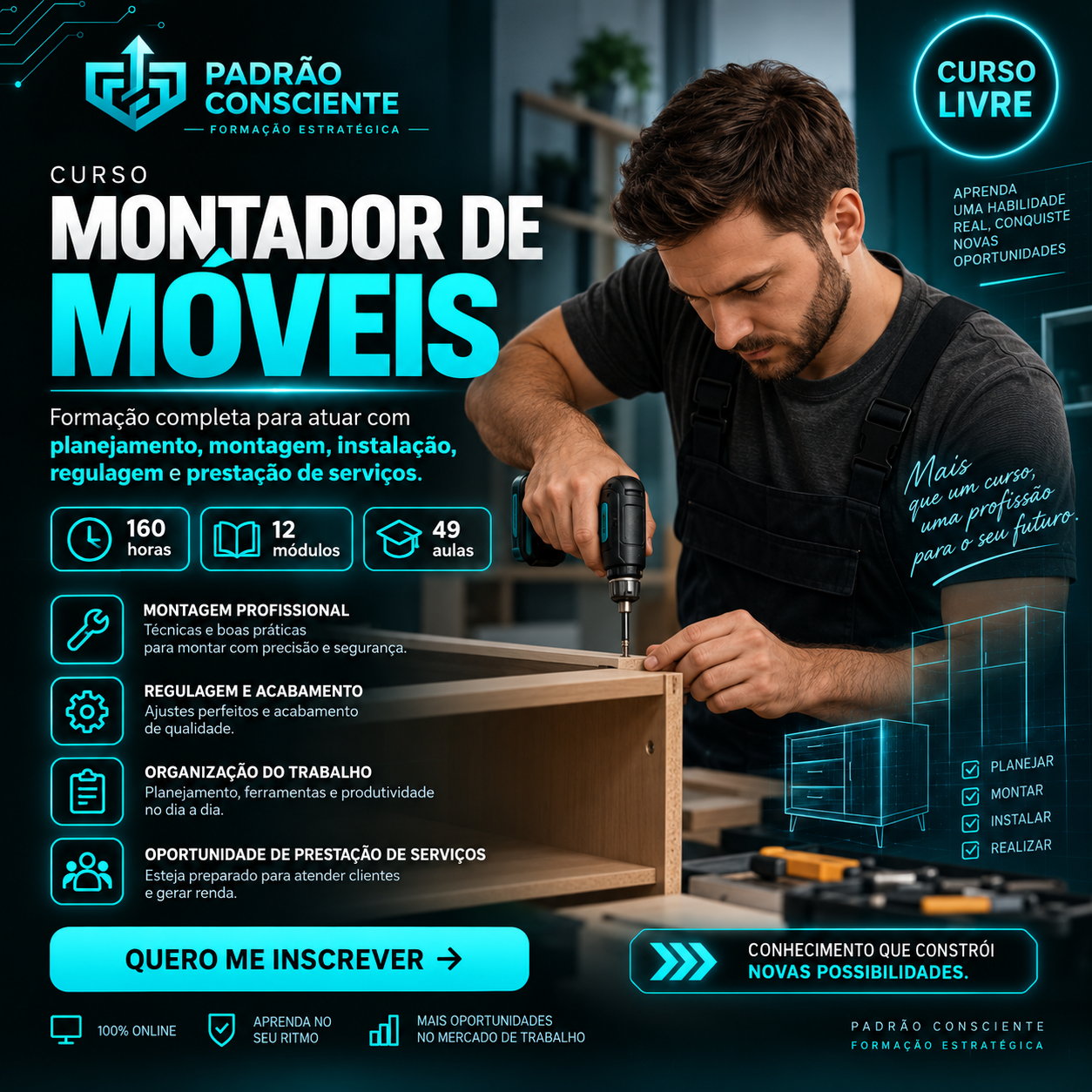 Profissional trabalhando na montagem de um móvel