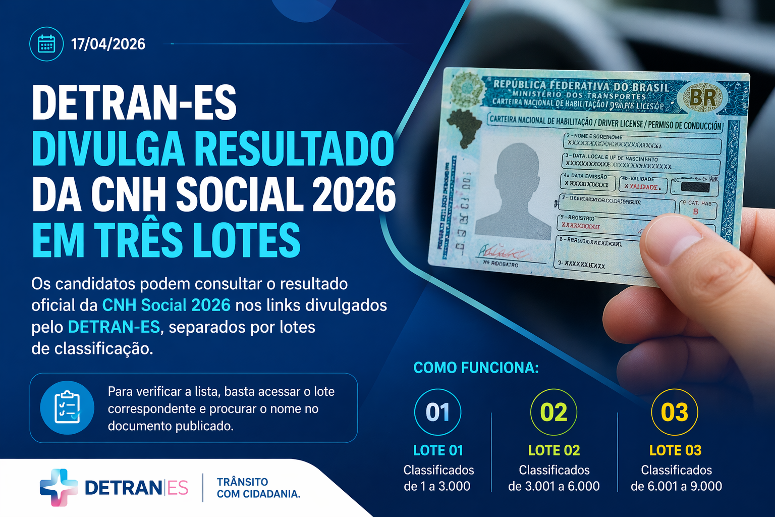 DETRAN-ES divulga resultado da CNH Social 2026 em três lotes